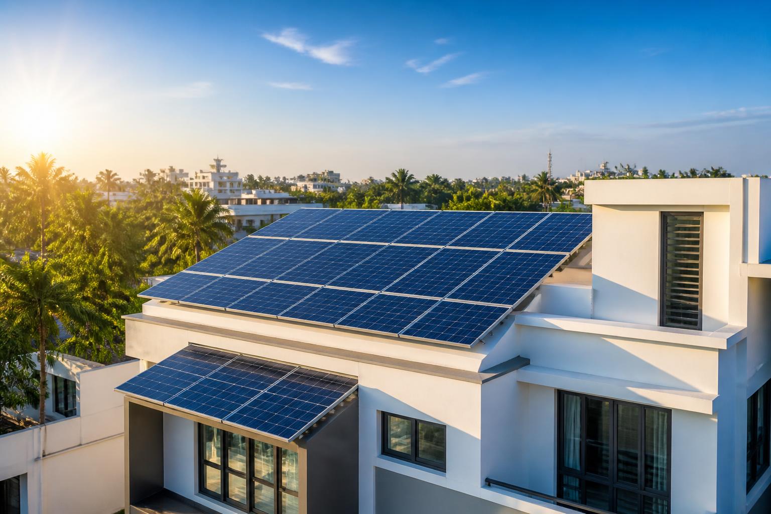 Modern Indian home rooftop covered with solar panels in bright sunlight