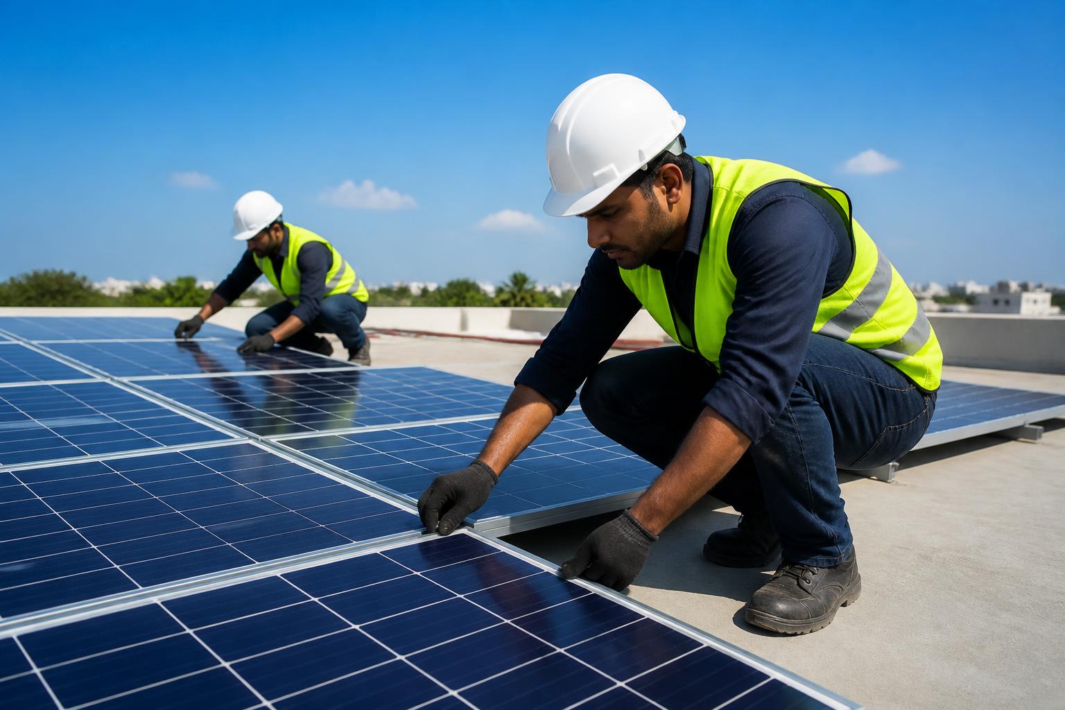 MK Solar Energy technicians installing rooftop solar panels